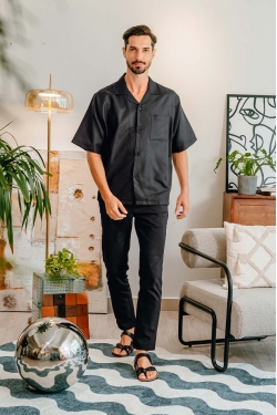 TUSCA MEN | Alunan Relax Cotton Linen Shirt in Black